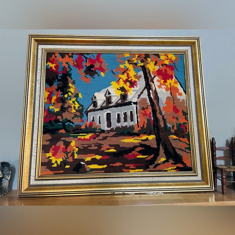 Autumn Landscape Needlepoint Wall Art - White House & Colorful Fall Trees